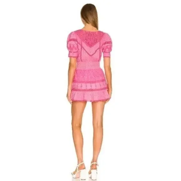 LOVESHACKFANCY Jaislyn Shirred Polka-Dot Cotton Mini‎ Dress Pink Size XS - Picture 2 of 5